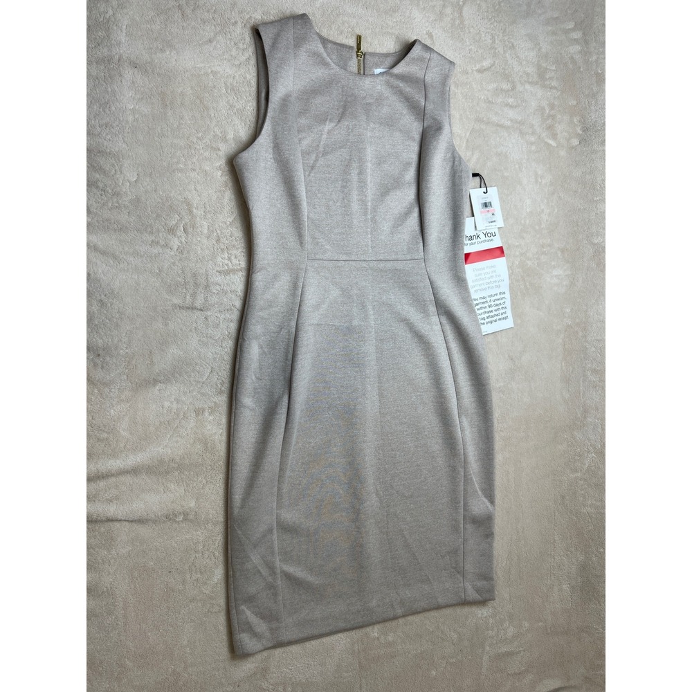 Calvin Klein Sheath Dress Womens 10 Oat Beige NWT Scuba Gold Zip CD7M6T3V
